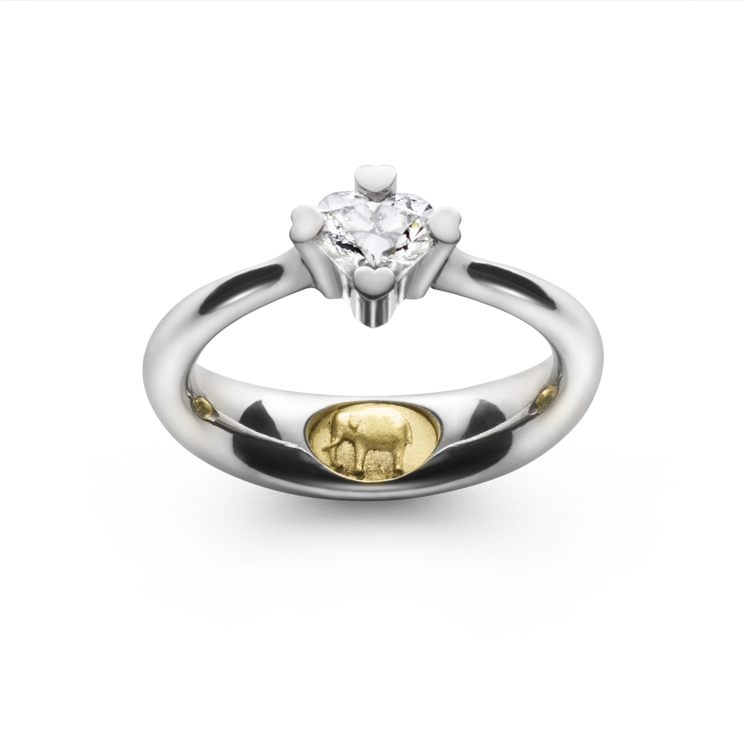 Unik forlovelsesring i platin med hjerteformet diamant og indlæg af elefant i guld - Guldsmed Ragnar R. Jørgensen